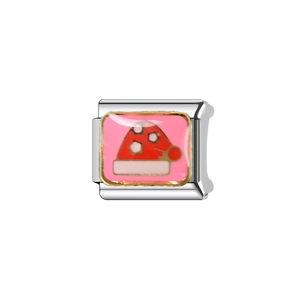 Italian modular stainless steel charm with pink enamel and festive Christmas hat pattern