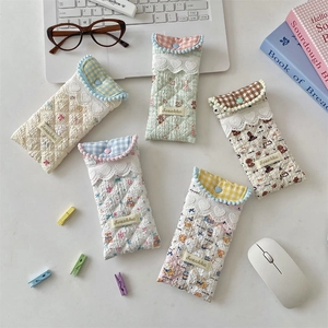 Glasses Case Quilted Cotton Pouch Soft Protective Portable Eyewear Bag Lace Heart Button Kawaii Floral Print For Women
