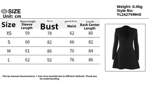 Detailed size chart for the V-neck long sleeve bodycon dress with precise measurements