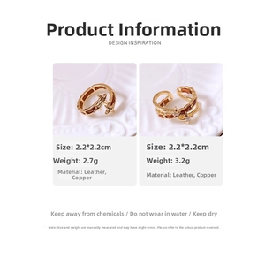Detail view of leather star open rings with copper material and product specifications