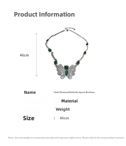 Detail of luxury butterfly necklace with green rhinestones and 46cm length specification