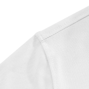 Macro view of white breathable knit fabric texture and double-stitched polo shirt hem