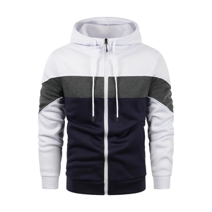 Men hoodie sweatshirt with three-color block stitching design and silver metal zipper