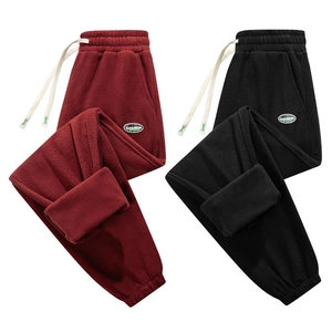 Pantaloni sportivi da uomo in pile spesso bordeaux e nero con coulisse e polsini a coste