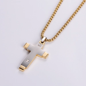 Two-tone stainless steel cross necklace with screw texture on a gold box chain