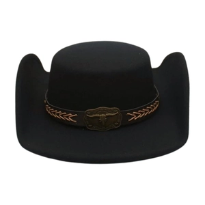 Western Cowboy Hat Felt Braided Leather Belt Metal Steer Skull Retro Ethnic Wide Brim Fedora Unisex Vintage Style