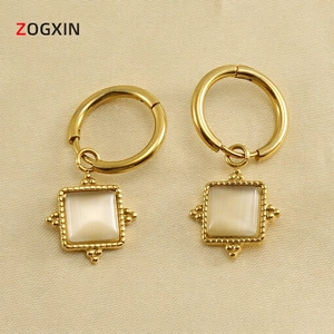 Square Cat Eye Stone Drop Earrings Titanium Steel 18K Gold Plated Vintage Beaded Edge For Women Retro Luxury Ear Jewelry
