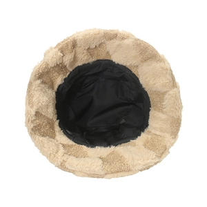 Detail view showing black fabric lining and plush plaid pattern of the winter bucket hat