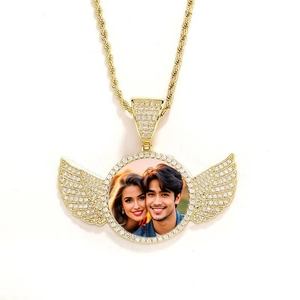 Golden heart photo necklace with angel wings and crystals on a twisted chain