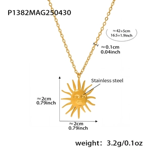 Detailed spec sheet for 18k gold plated sun goddess pendant with size and weight info