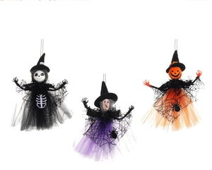 Halloween hanging decorations set featuring skull, witch, and pumpkin ghost with mesh fabric