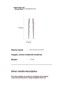 Detailed dimensions of silver needle tassel earrings with teardrop zirconia crystals