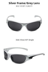 Vue détaillée des lunettes de soleil de sport argentées avec verres gris à 45 degrés