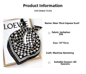Detail of 70x70cm checkered silk satin scarf with machine-stitched edges for women