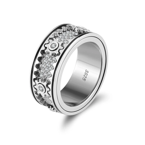 Men's S925 sterling silver gear-shaped ring with inlaid cubic zirconia on white background