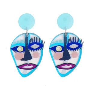 Detailed view of abstract acrylic earrings featuring colorful Van Gogh style face pendants