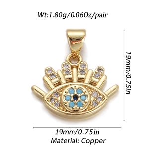Detailed view of gold plated copper evil eye charm with blue zircon and size specs