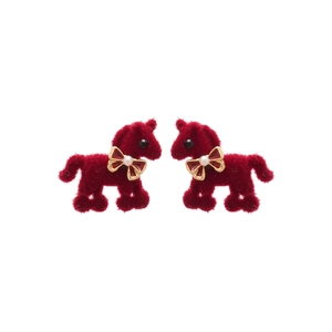 Elegant red flocked pony stud earrings with a bow and pearl accent in a retro style