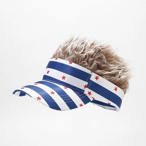 Detail of creative American flag visor with brown curly hair for fun party outfit