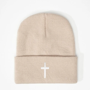 Unisex winter knit beanie in beige with white cross embroidery and ribbed texture