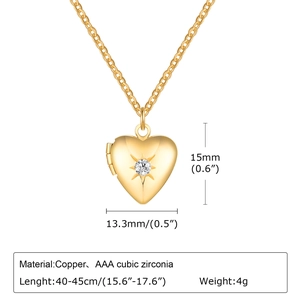 Detailed specs of heart locket pendant in gold finish with AAA cubic zirconia stone