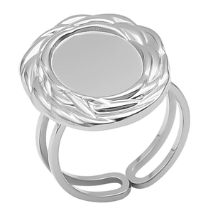 Detail of silver stainless steel ring featuring a twisted edge and adjustable open band