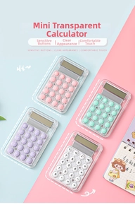Flat lay of mini transparent calculators in pink, green, purple, and white candy colors
