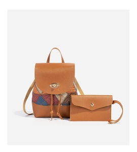 Brown leather backpack set with colorful patchwork and gold twist-lock closure detail