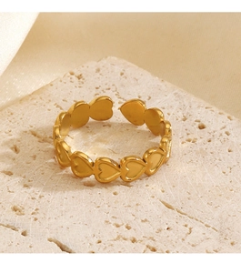 Detail of linked gold heart patterns on an adjustable 18K gold plated stainless steel ring
