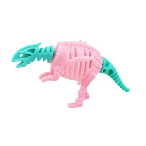 DIY dinosaur skeleton assembly toy with colorful pink and green snap-together bone parts