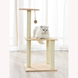 Three-tier solid wood cat tree with sisal scratching posts and hanging toy ball