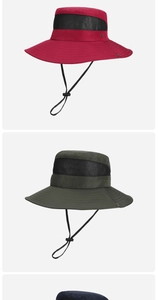Detail view of breathable mesh band and adjustable windproof cord on outdoor sun hat