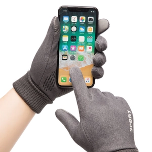 Winter thermal touch screen cycling gloves in gray suede fabric with sport logo design