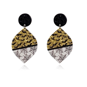 Halloween glitter drop earrings with black bat and purple spider web patterns