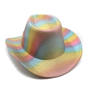Detail of colorful rainbow striped cowboy hat showing fine woven texture and shiny finish