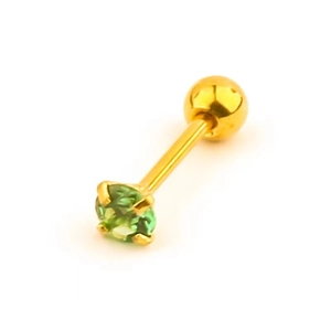 Detail of gold titanium steel ear stud with four-prong green cubic zirconia and screw back