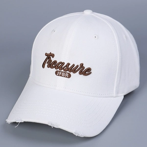 Close-up of white cotton baseball cap featuring 3D Treasure embroidery and distressed brim