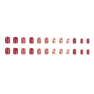 24pcs wild berry red and cream short square press-on nails with star and leopard patterns