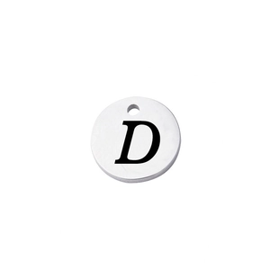 Polished stainless steel round pendant with engraved capital letter D on white background