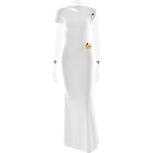 Elegant white slim fit maxi dress with backless design and gold flower waist detail