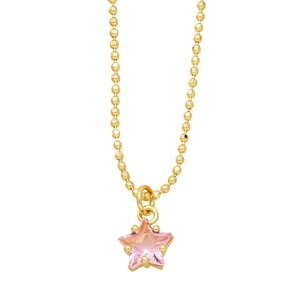 Elegant gold bead chain necklace featuring a pink star crystal pendant on white backdrop