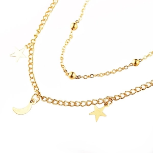 Double-layered gold titanium steel necklace with star and moon crescent pendants