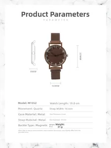 Detailed specifications of women's quartz watch with magnetic strap and numeral dial
