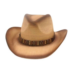 Vintage Straw Western Cowboy Hat With Leather Band Metal Studs Sun Protection Wide Brim Beach Outdoor For Men Women