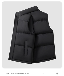 Detail of black puffer vest featuring a stand-up collar and horizontal quilting for men