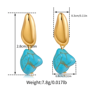 Detailed size specifications for turquoise and gold drop earrings with dimensions in inches
