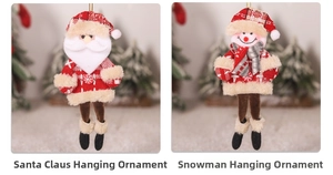 Detail of Santa Claus and Snowman hanging ornaments with plaid fabric and long legs