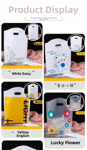 Detail of colorful plastic gift bags with floral patterns and sturdy handle cutouts