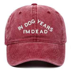 Détail de la broderie 'IN DOG YEARS I'M DEAD' sur une casquette en coton rouge délavé