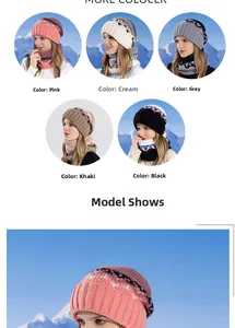 Detailed grid of knitted winter beanie and scarf sets in five diverse colors with patterns